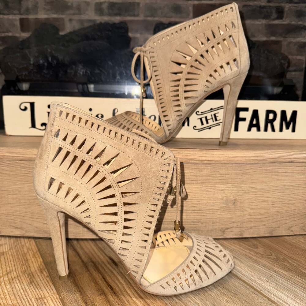 Ivanka Trump Delfino Laser Cut-Out Heels Tan/Taupe Suede